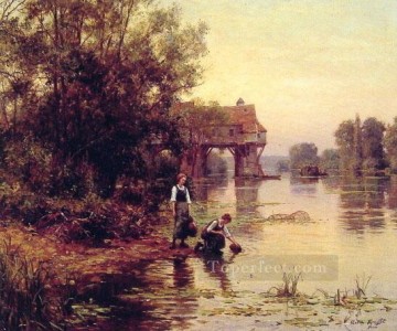 two boys singing Painting - Two Girls by a Stream Louis Aston Knight